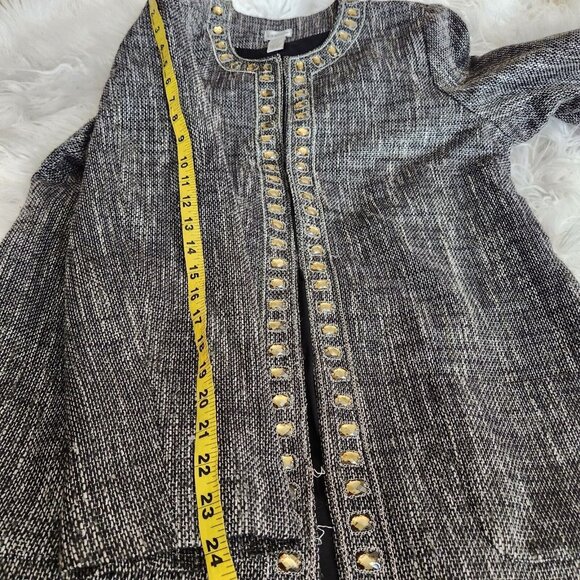 Chicos Blazer Jacket Women Sz 2 L 12 Jeweled Neckline Tweed Pockets Long - Picture 13 of 16